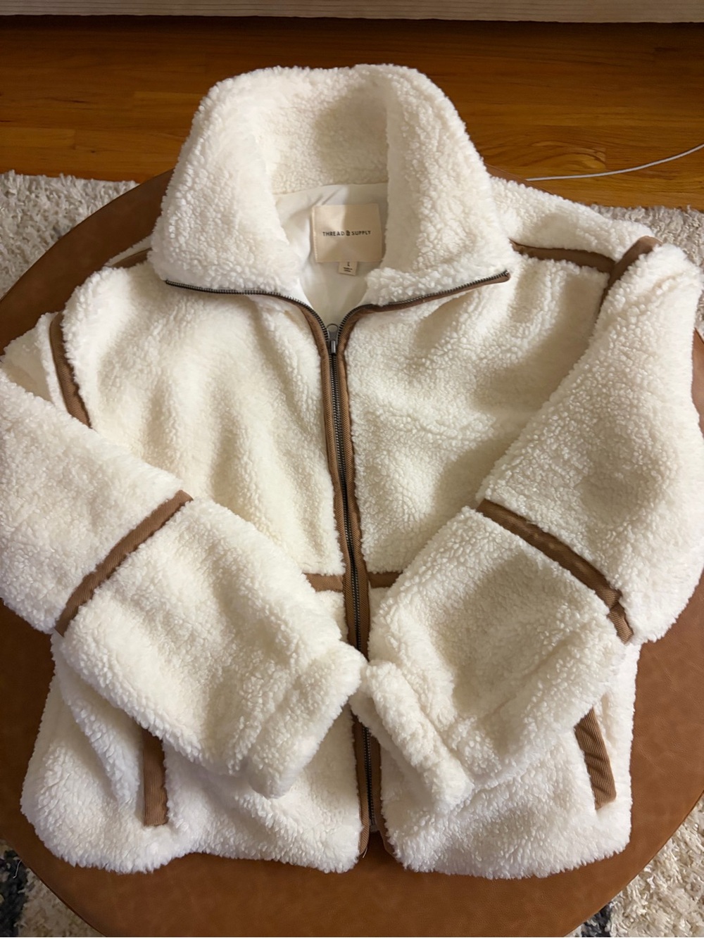 Thread & Supply Cream Sherpa Jacket with Brown Trim